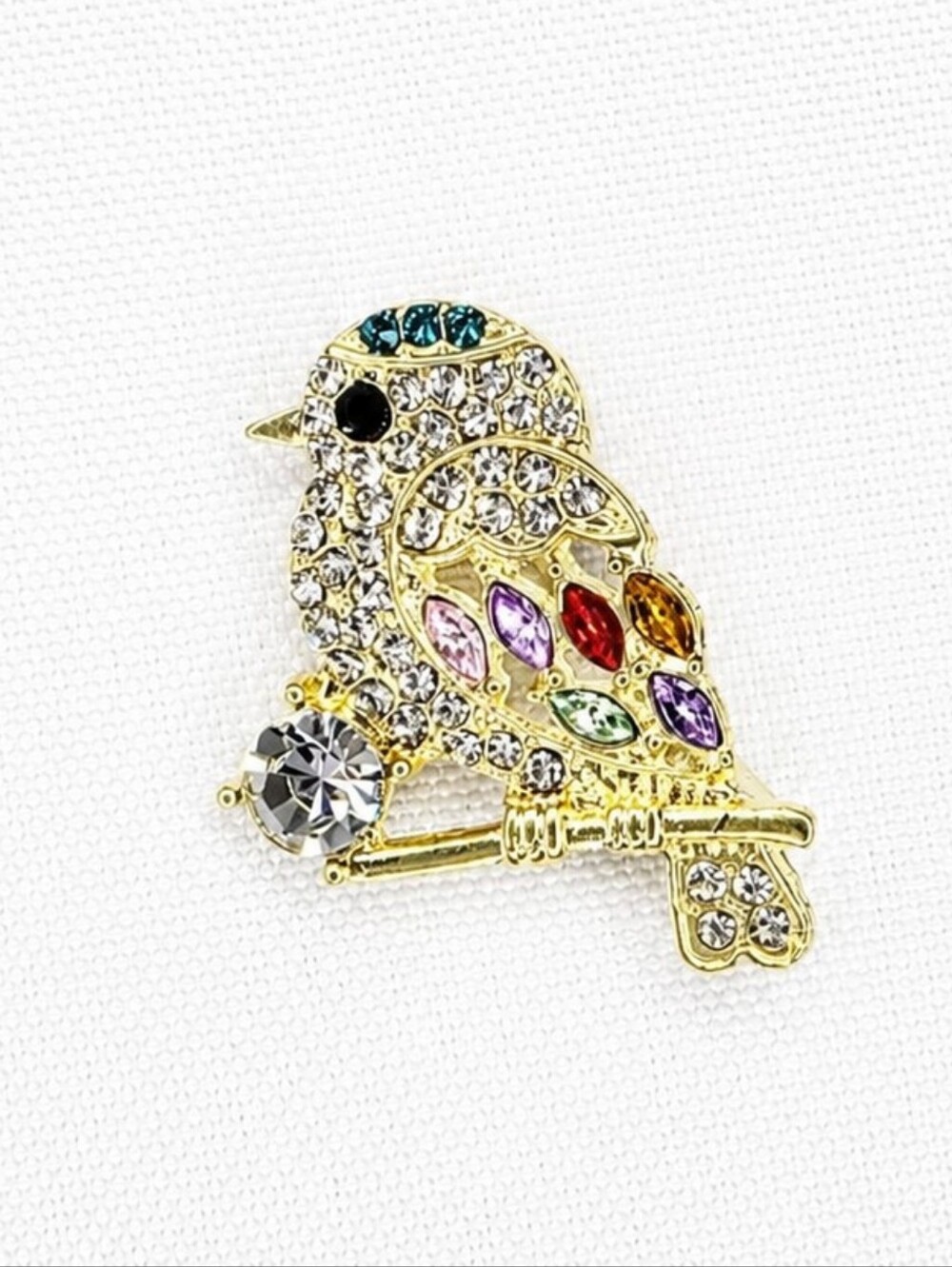 💎 Gold Tone Bird Brooch Multicolor Rhinestone Crystal Statement Pin Sparkly